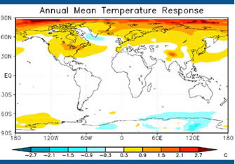Annual mean temperature change due to dirty snow in degrees Celsius
