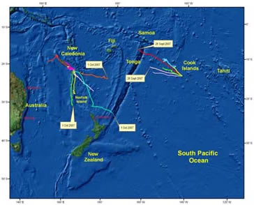 An international group of scientists is learning new things about the migration routes and daily habits of South Pacific humpback whales from satellite tags the group recently placed in the thick blubber of 20 whales.
